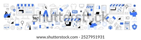Online Shopping, E-commerce Platform, Digital Marketing. Ecommerce elements online stores, SEO, email marketing, platforms, payment methods. Marketing strategies, digital payments product advertising