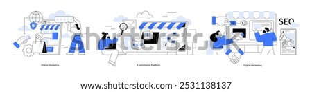 Online shopping, e-commerce platform, digital marketing. E-commerce delivery. Ideal for promoting e-commerce, logistics, digital marketing strategies, online businesses and SEO services. Blue metaphor