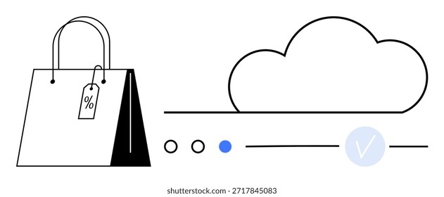 Compras en línea, plataformas de comercio electrónico, pagos digitales, almacenamiento en la nube, transacciones seguras, verificación de datos. Bolsa de la compra con una etiqueta de descuento e ilustración de la nube. Comercio electrónico y compras en línea