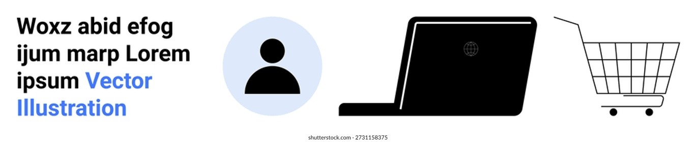 Compras en línea, plataformas de comercio electrónico, identidad digital, herramientas de compra, comportamiento del consumidor, negocio minorista. Icono de perfil de usuario, Carrito de compras del ordenador portátil. Compras online y plataformas de comercio electrónico