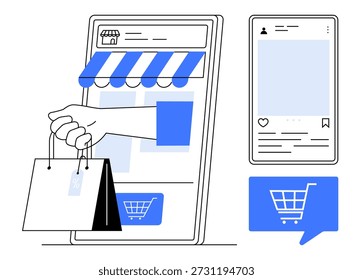 Online shopping, e-commerce platforms, digital marketing, mobile retail, customer engagement, app design. A hand holding shopping bags through a mobile storefront. E-commerce platforms and digital