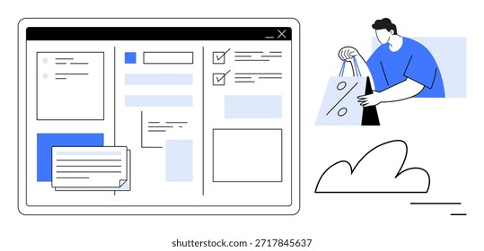 Compras on-line, plataformas de comércio eletrônico, interface do usuário, varejo digital, compras do consumidor, tecnologia de nuvem. Interface Web com formulários e caixas de verificação, homem segurando sacos de compras. Plataformas de comércio eletrônico