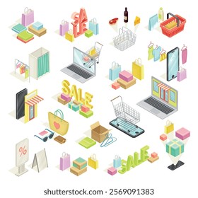 Online Shopping and Ecommerce with Purchase Box and Smartphone Isometric Vector Set