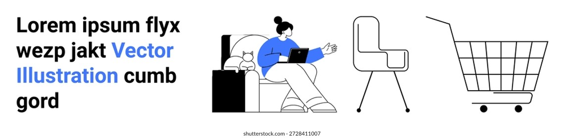 Online-Shopping, E-Commerce, Remote-Arbeit, digitaler Lebensstil, Minimalismus, Technologie. Frau mit einem Laptop, einem modernen Stuhl und einem Einkaufswagen. Online-Shopping und E-Commerce