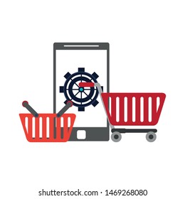 online shopping ecommerce sale by smartphone mobile technology support cartoon vector illustration graphic design