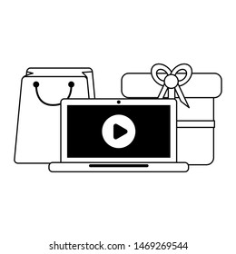 online shopping ecommerce sale by laptop computer hardware cartoon vector illustration graphic design