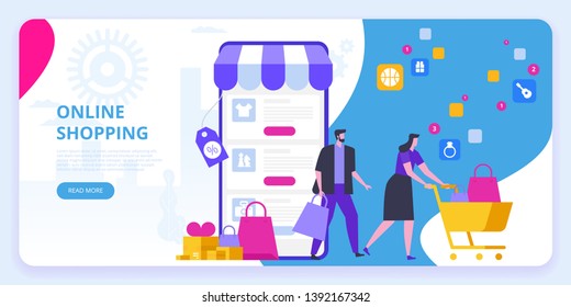 Online Shopping. Ecommerce Sales, Digital Marketing. Sale and Consumerism Concept. Online Shop Application. Digital Technologies and Shopping. Flat vector Illustration.