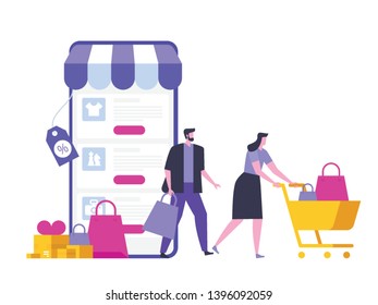 Online Shopping. Ecommerce Sales, Digital Marketing. Sale and Consumerism Concept. Online Shop Application. Digital Technologies and Shopping. Flat vector Illustration.