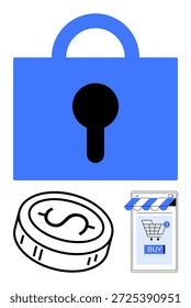 Online shopping, e-commerce security, cybersecurity, digital transactions, secure payments, financial technology. Blue lock, coin and mobile storefront icon. Online shopping and e-commerce security