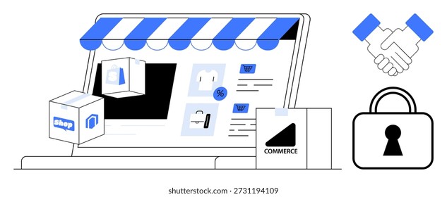 Compras en línea, seguridad de comercio electrónico, transacciones digitales, confianza empresarial, pagos seguros, confianza del consumidor. Portátil con escaparate, cerradura de seguridad y gráfico de apretón de manos. Seguridad en el comercio electrónico