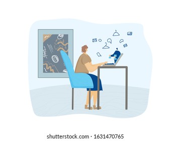 Online shopping and e-commerce. Senior person sitting at laptop and making an order. Woman buying something on internet. Female character browsing on net. Vector illustration