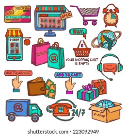 Online shopping e-commerce services colored sketch decorative icons set isolated vector illustration