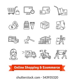 Online shopping, ecommerce, services and delivery transportation set. Thin line art icons. Linear style illustrations isolated on white.