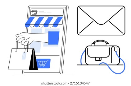 Compras on-line, serviços de comércio eletrônico, varejo digital, comunicação comercial, soluções de entrega, comércio moderno. Braço segurando sacolas de compras, carteira de envelope de frente de loja de smartphones. Comércio eletrônico