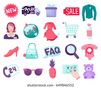 Online shopping e-commerce set with isolated cartoon images of goods stickers and customer support signs vector illustration