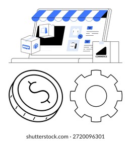 Compras on-line, soluções de comércio eletrônico, pagamentos digitais, configuração de negócios, estratégias de marketing e conceitos de tecnologia. são um ícone de laptop, moeda e equipamento. Soluções de compras online e comércio eletrônico