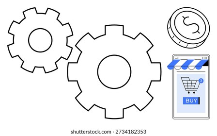 Online shopping, e-commerce solutions, payment systems, digital retail, automation, technology workflow. Shopping cart and coin next to interlocking gears. E-commerce and payment systems concept
