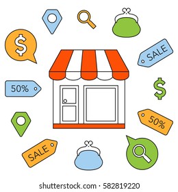 Online shopping. E-commerce symbols. Vector illustration