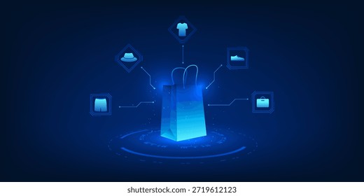 Fondo de la Tecnología de las compras en línea y del comercio electrónico, bolso de compras digital conectado con los iconos de la marca de moda, negocio minorista en línea, mercado de la tienda de ropa, comercio móvil, marketing digital