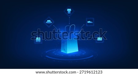 Online Shopping and E-commerce Technology Background, Digital Shopping Bag Connected with Fashion Brand Icons, Online Retail Business, Clothing Store Marketplace, Mobile Commerce, Digital Marketing