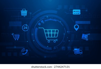 online shopping e-commerce technology blue background. marketplace social commerce store and icon payment money. shop and delivery symbol global concept.