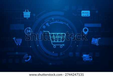 online shopping e-commerce technology blue background. marketplace social commerce store and icon payment money. shop and delivery symbol global concept.