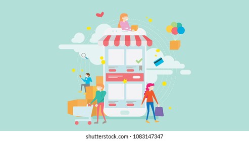 Compras en línea Comercio electrónico Pequeñas Personas Concepto Vector Ilustración, Adecuado para papel tapiz, banner, fondo, tarjeta, ilustración de libro, página de aterrizaje web y otras formas relacionadas de creatividad