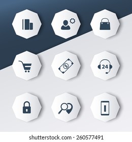 Online shopping, e-commerce trendy 3d geometrical octagonal icons in dark grey-blue, vector illustration, eps10, easy to edit