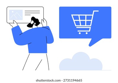 Compras online, comércio eletrônico, design de interface de utilizador, mercado digital, serviços em nuvem, tecnologia de retalho. Abstração de uma pessoa segurando um cartão de perfil e um ícone de carrinho. E-commerce e usuário