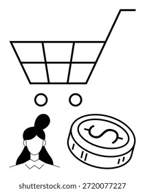 Compras on-line, comércio eletrônico, perfis de usuário, pagamento digital, negócios, mercado de varejo. Um carrinho de compras, um ícone de usuário e uma moeda. Conceitos de comércio eletrônico e pagamento digital