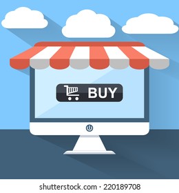 Online shopping and e-commerce Vector Concept . With shopping cart icon on a modern digital screen. Flat Design Illustration for Web Sites Infographic Design.