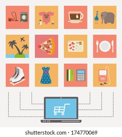 Compras en línea, comercio electrónico. Iconos vectoriales establecidos.