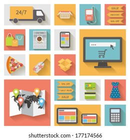 Online shopping, e-commerce. Vector icons set.