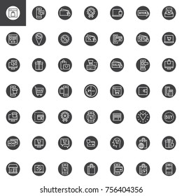 Online shopping, ecommerce vector icons set, modern solid symbol collection, filled style pictogram pack. Signs, logo illustration. Set includes icons as price tag, discount label, credit card