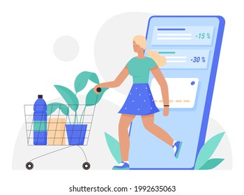 Online shopping, ecommerce vector illustration. Cartoon woman customer character buying in grocery store on big smartphone screen, using shop app digital technology for shopping isolated on white