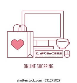 Online shopping and e-commerce vector linear style illustration. Flat icons of bag, cup and computer. Design concept for buying goods via internet store.
