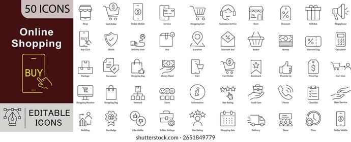 Online Shopping Editable Line Icons Set for E-Commerce, Store Purchase, and Digital Retail Concepts