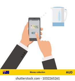 Online shopping for electric kettle. Australian dollar banknote. E-commerce platform concept vector illustration.
