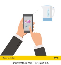 Online shopping for electric kettle. Bitcoin banknote. E-commerce platform concept vector illustration.