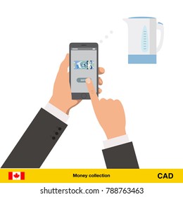 Online shopping for electric kettle. Canadian dollar banknote. E-commerce platform concept vector illustration.