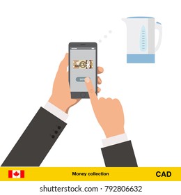 Online shopping for electric kettle. Canadian dollar banknote. E-commerce platform concept vector illustration.