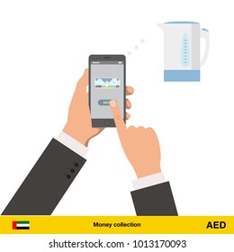 Online shopping for electric kettle. Dirham banknote. E-commerce platform concept vector illustration.