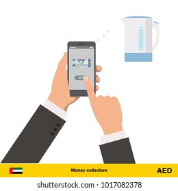 Online shopping for electric kettle. Dirham banknote. E-commerce platform concept vector illustration.