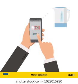 Online shopping for electric kettle.  hryvnia banknote. E-commerce platform concept vector illustration.