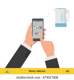 Online shopping for electric kettle. Indian Rupee banknote. E-commerce platform concept vector illustration.