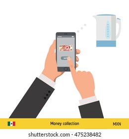 Online shopping for electric kettle. Mexican Peso banknote. E-commerce platform concept vector illustration.