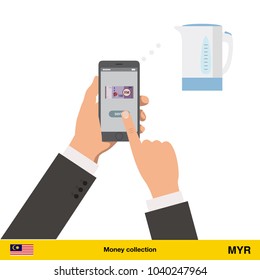 Online shopping for electric kettle.  Ringgit banknote. E-commerce platform concept vector illustration
