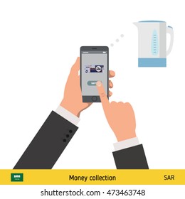 Online shopping for electric kettle. Saudi Arabian riyal banknote. E-commerce platform concept vector illustration.