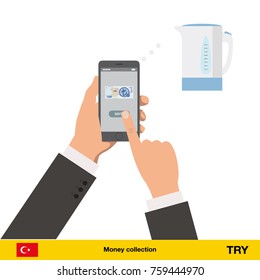 Online shopping for electric kettle. turkey lira banknote. E-commerce platform concept vector illustration.
