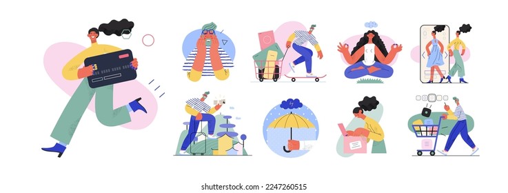 Online shopping and electronic commerce illustrations set - modern flat vector concept illustration of people and objects on online shopping. Promotion, discounts, sale and online orders concept